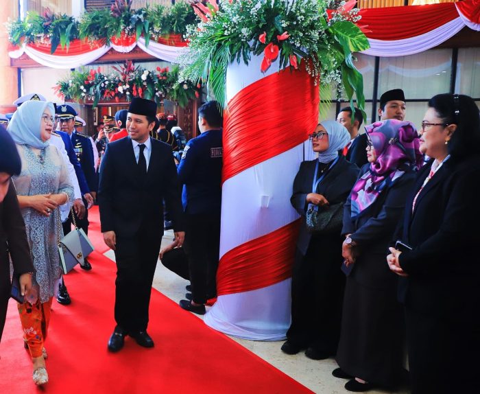 Emil Elestianto Dardak, Ketua DPD Partai Demokrat Jatim saat menghadiri pelantikan 120 anggota DPRD Jatim periode 2024-2029, Sabtu (31/8/2024).