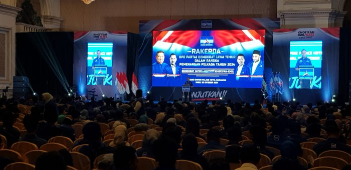 Didik Mukrianto, Wakil Sekretaris Jenderal DPP Demokrat saat berpidato di Rakerda Demokrat Jatim, Rabu (30/10/2024).