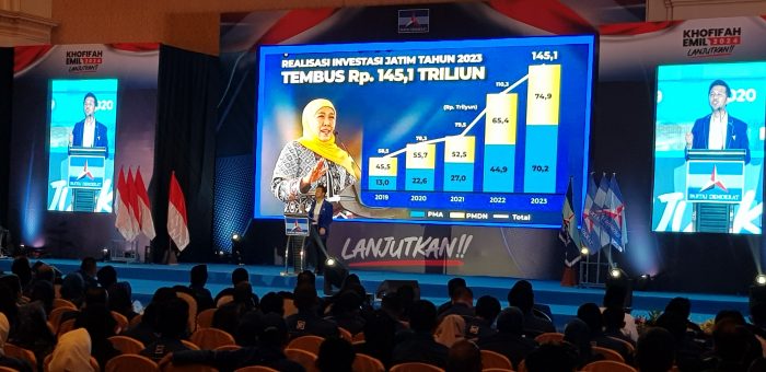 Ketua DPD Demokrat Jatim, Emil Elestianto Dardak saat berpidato dalam Rakerda Demokrat Jatim, Rabu (30/10/2024).