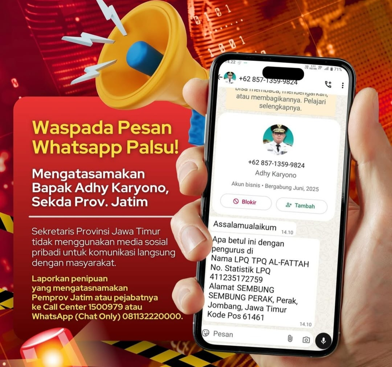 Terima WA dari Sekdaprov Jatim Adhy Karyono? Bisa Jadi Penipuan, Ini Faktanya 