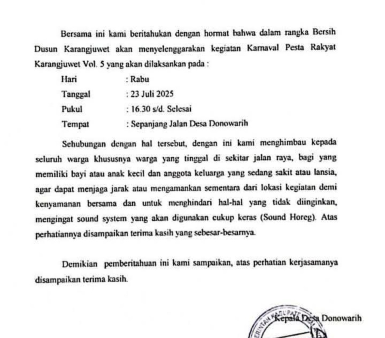 Hasil tangkapan Layar unggahan surat pemberitahuan Pemdes Donowarih di media sosial