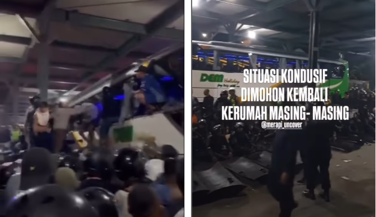 Viral bus suporter menjadi bulan-bulanan massa di Yogyakarta, Minggu (24/8/2025). (Foto: Instagam/Merapi_uncover)