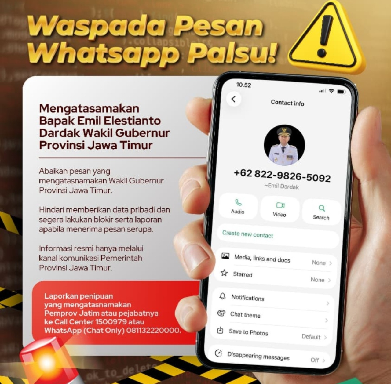 Waspada pesan whatsapp palsu mengatasnamakan Wagub Jatim Emil Dardak. (Foto IG @Jatimpemprov)