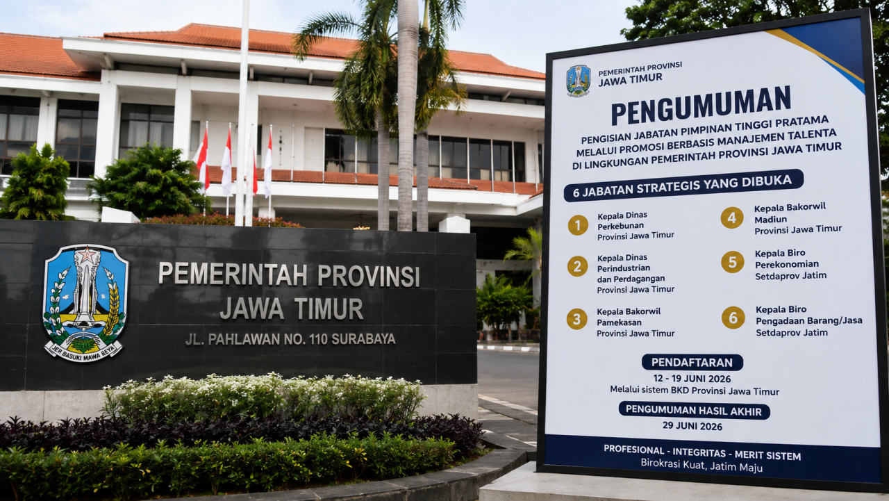 Pemprov Jatim Buka Seleksi Kepala Dinas dan Kepala Biro, Pengumuman Hasil Akhir 29 Juni 2026.